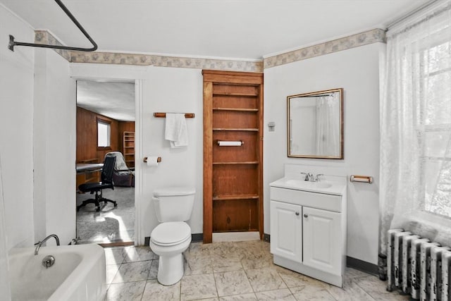 full bathroom with radiator, shower / washtub combination, vanity, and toilet