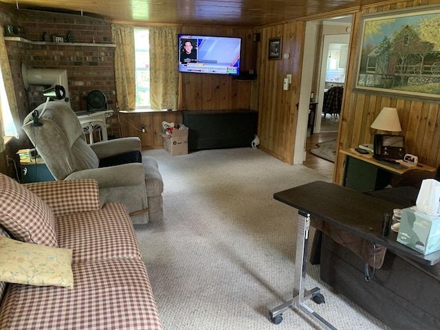 293 Washington, Warren, MA 01083 - living room featuring wooden walls and carpet floors