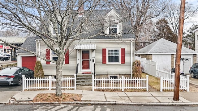 cape cod-style house with a fenced front yard, roof with shingles, entry steps, a garage, and driveway