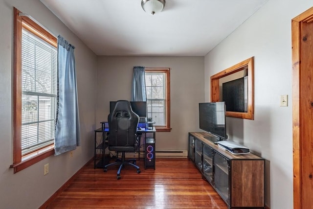 office space featuring dark hardwood / wood-style floors and baseboard heating