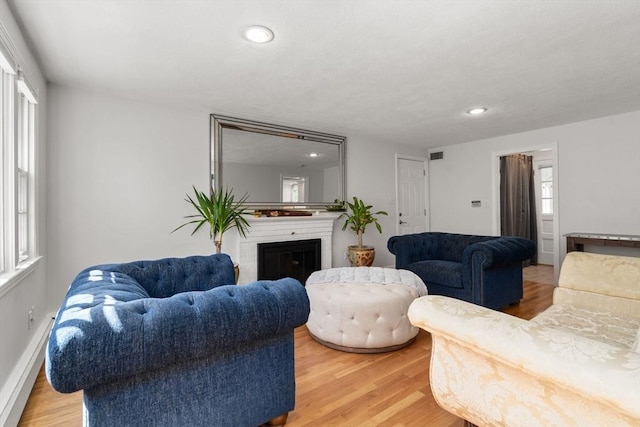 1 Pleasantview Ter, Framingham, MA 01701 - living room featuring light wood-style floors, recessed lighting, a glass covered fireplace, and plenty of natural light
