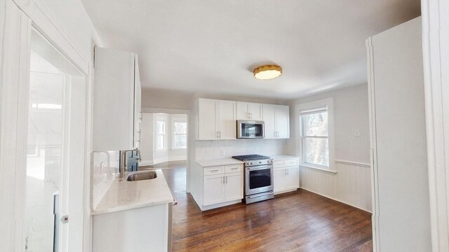 kitchen with white cabinets, sink, dark hardwood / wood-style floors, appliances with stainless steel finishes, and tasteful backsplash