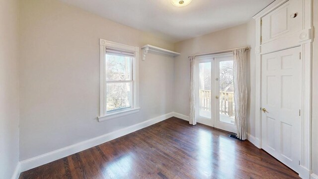 interior space with dark hardwood / wood-style flooring, a wealth of natural light, and french doors