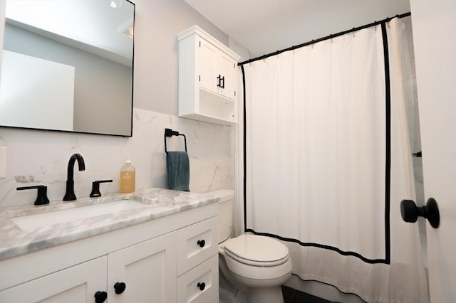 full bathroom featuring backsplash, tile walls, curtained shower, vanity, and toilet
