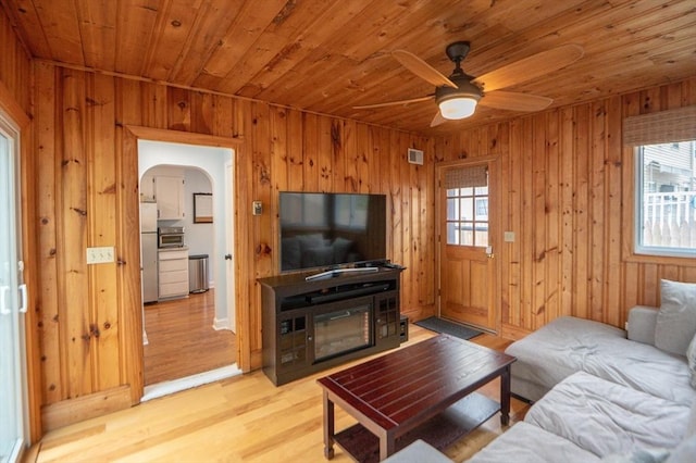 living area featuring visible vents, wooden ceiling, and a wealth of natural light