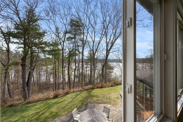 view of green lawn featuring a patio