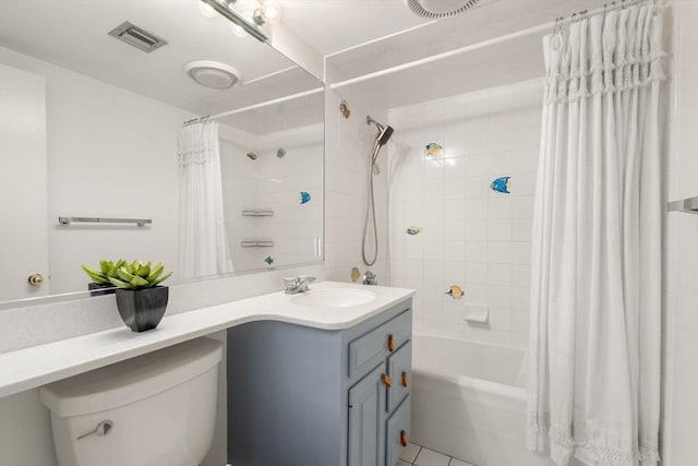 full bathroom with shower / bath combination with curtain, vanity, toilet, and tile patterned flooring