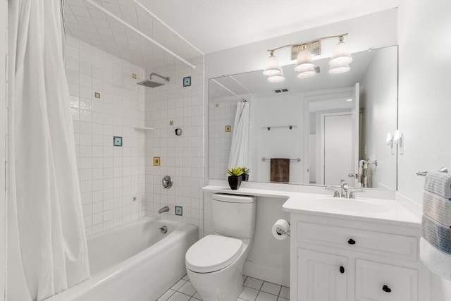 bathroom featuring tile patterned flooring, shower / bath combo with shower curtain, toilet, and vanity
