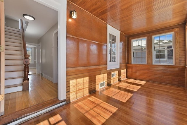 interior space with hardwood / wood-style flooring, wooden walls, and wooden ceiling