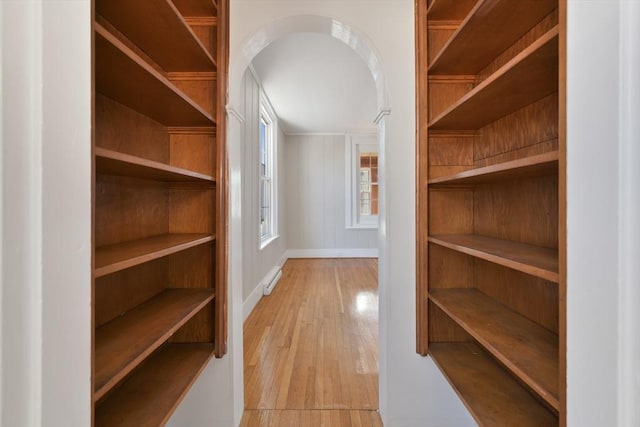 walk in closet with light hardwood / wood-style flooring