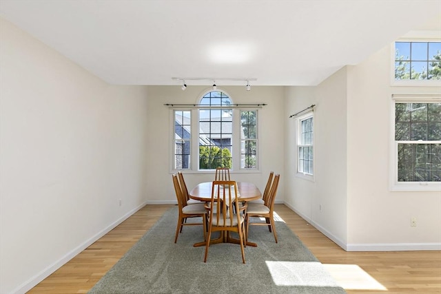 dining area featuring light wood finished floors, rail lighting, and baseboards