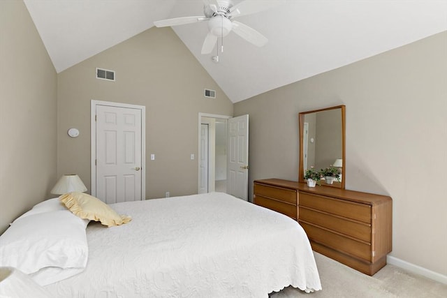 bedroom featuring a ceiling fan, visible vents, high vaulted ceiling, and carpet
