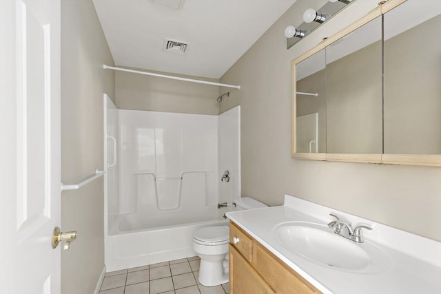 bathroom featuring toilet, tub / shower combination, tile patterned floors, visible vents, and vanity