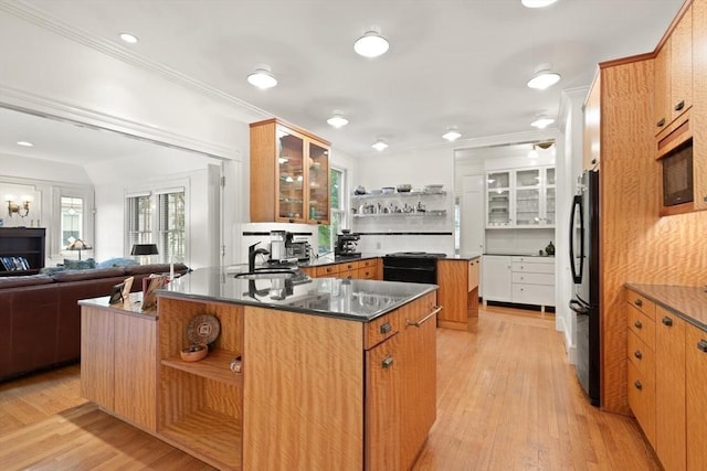 210 Melrose St, Newton, MA 02466 - kitchen with open shelves, a sink, light wood-style flooring, dark countertops, and black appliances