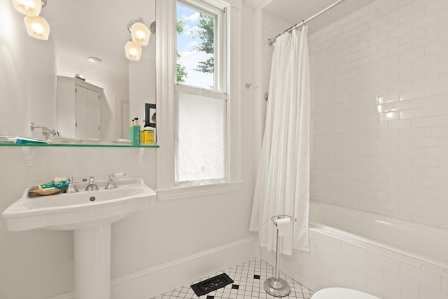 210 Melrose St, Newton, MA 02466 - bathroom with tiled shower / bath combo, tile patterned floors, toilet, baseboards, and a sink