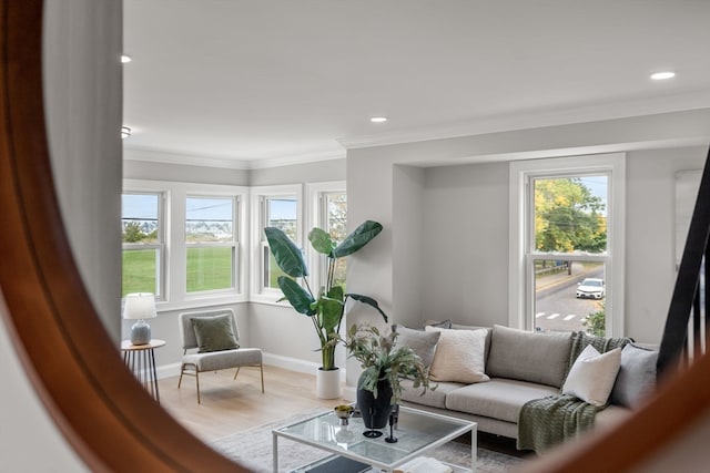 interior space featuring hardwood / wood-style floors, plenty of natural light, and ornamental molding