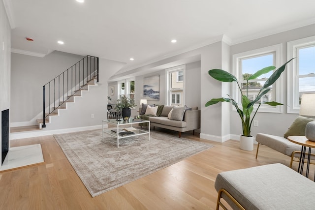 living room featuring ornamental molding and light hardwood / wood-style flooring