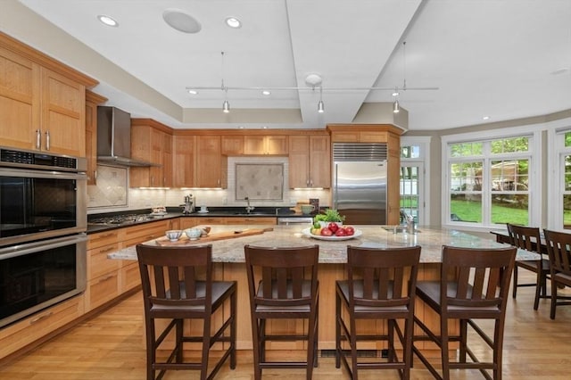 kitchen with appliances with stainless steel finishes, wall chimney range hood, a sink, tasteful backsplash, and recessed lighting