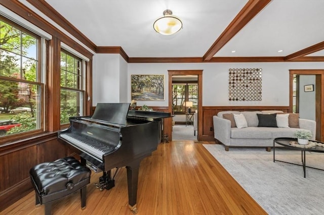 living area featuring wood finished floors, crown molding, a wainscoted wall, and beam ceiling