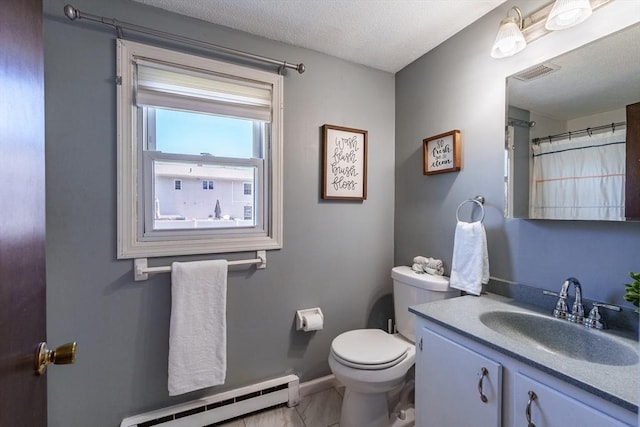 full bath featuring visible vents, vanity, toilet, baseboards, and a baseboard heating unit