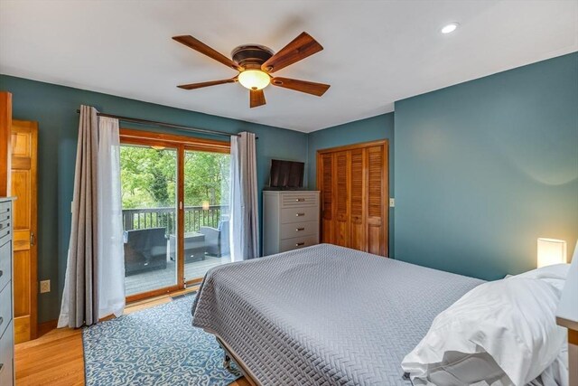 51 Wianno Cir, Barnstable, MA 02655 - bedroom featuring access to exterior, light wood finished floors, a closet, recessed lighting, and ceiling fan