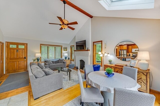 51 Wianno Cir, Barnstable, MA 02655 - dining space with a skylight, ceiling fan, beam ceiling, high vaulted ceiling, and wood finished floors