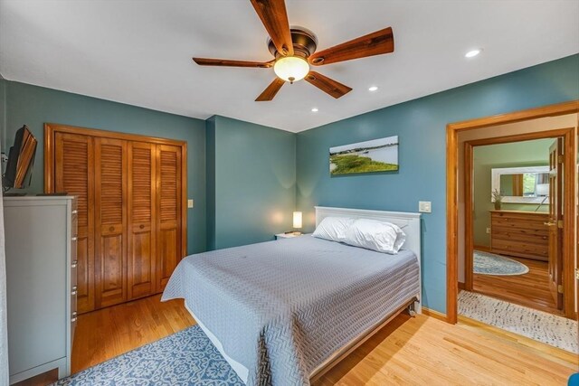 51 Wianno Cir, Barnstable, MA 02655 - bedroom with light wood-type flooring, a closet, ceiling fan, recessed lighting, and baseboards