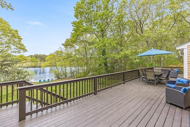 51 Wianno Cir, Barnstable, MA 02655 - wooden terrace with a water view and outdoor dining area
