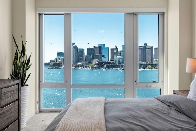 carpeted bedroom featuring a city view
