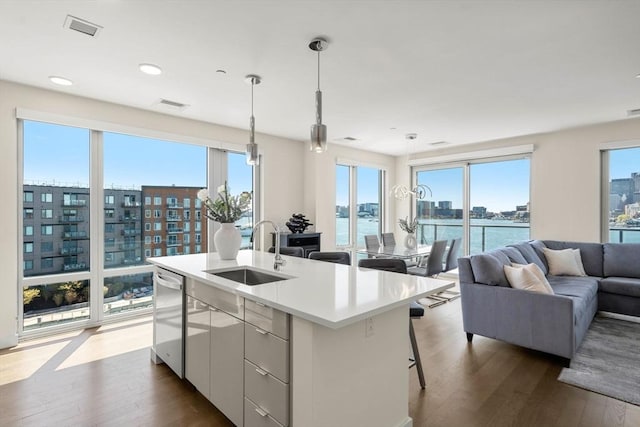 kitchen featuring dark wood-style flooring, a sink, open floor plan, stainless steel dishwasher, and visible vents