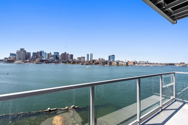 view of water feature with a city view