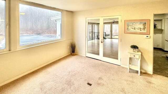 carpeted spare room with a wealth of natural light and french doors