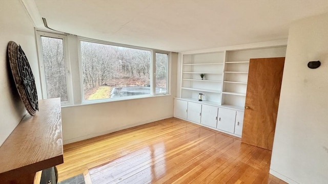 interior space featuring built in shelves and light hardwood / wood-style flooring