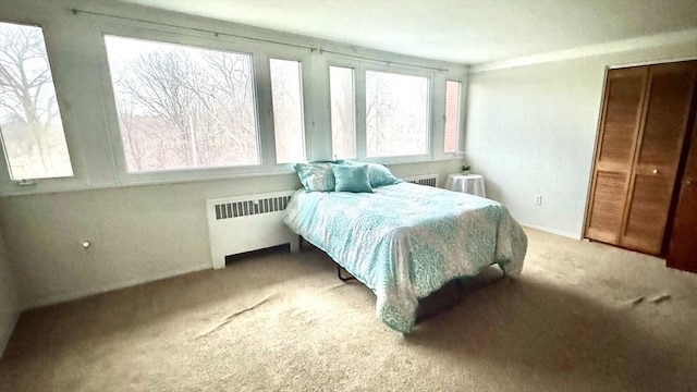 bedroom featuring carpet flooring and radiator heating unit