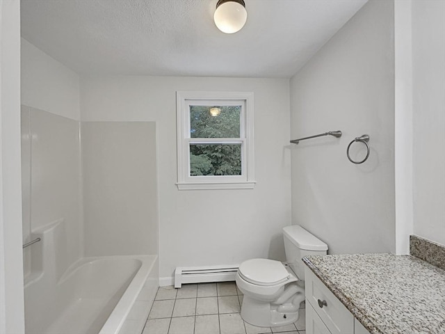 full bath with a baseboard radiator, vanity, toilet, and tile patterned floors