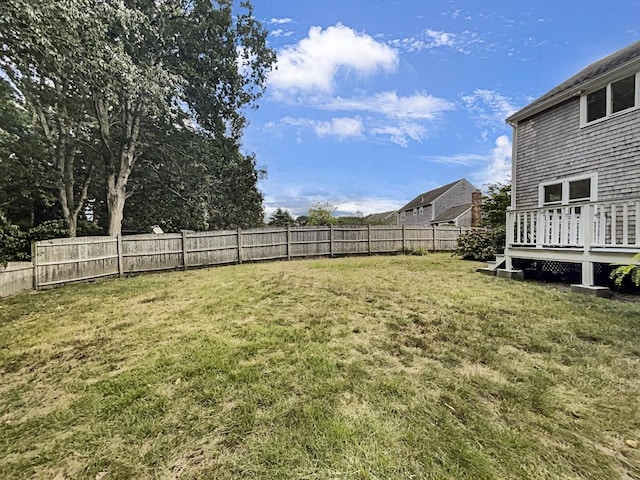 view of yard featuring a fenced backyard and a wooden deck