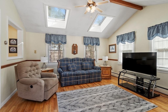 living area with baseboards, vaulted ceiling with skylight, light wood-type flooring, and a healthy amount of sunlight