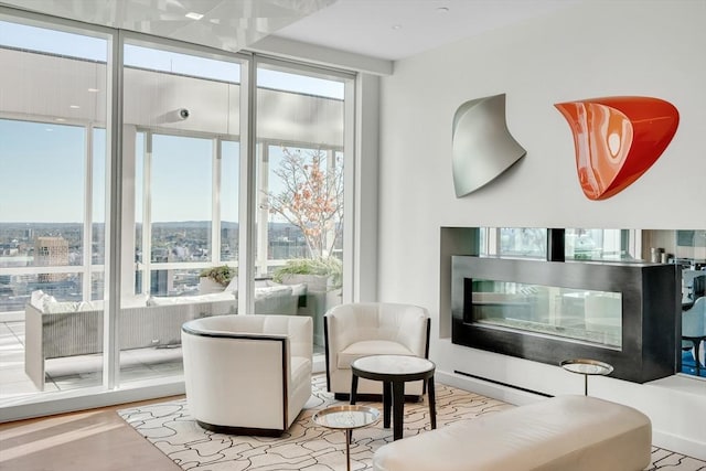 sitting room featuring a wall of windows and light hardwood / wood-style flooring