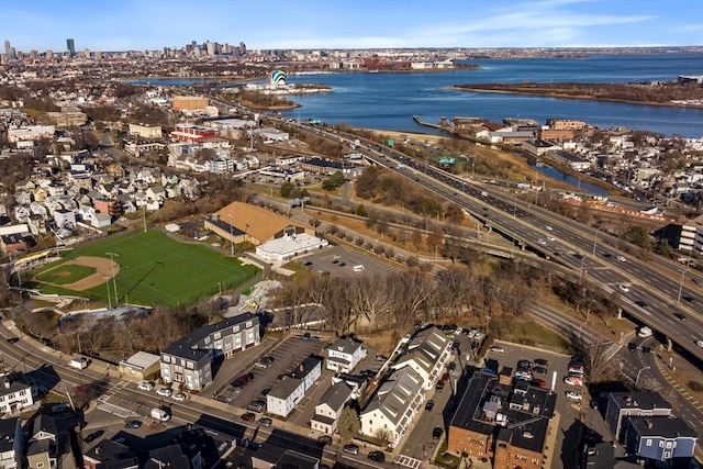 birds eye view of property featuring a water view