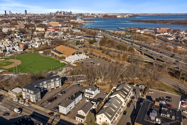 drone / aerial view featuring a water view