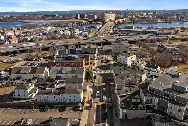 bird's eye view with a water view