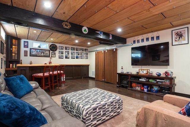 15 Rose Ln, Uxbridge, MA 01569 - living room featuring a bar, wood finished floors, a barn door, and recessed lighting