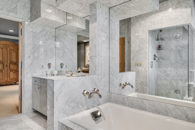 bathroom featuring tile walls and plus walk in shower