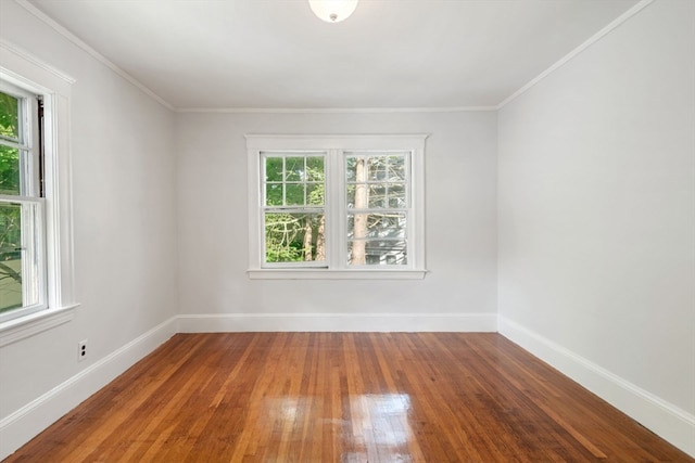 spare room with crown molding and wood-type flooring