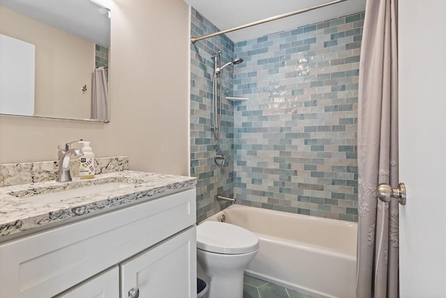 full bathroom with vanity, shower / tub combo with curtain, tile patterned floors, and toilet