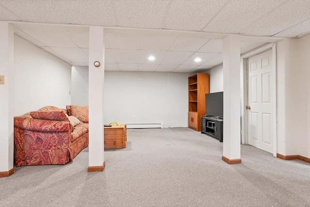 sitting room with baseboards, recessed lighting, a paneled ceiling, a baseboard heating unit, and carpet flooring