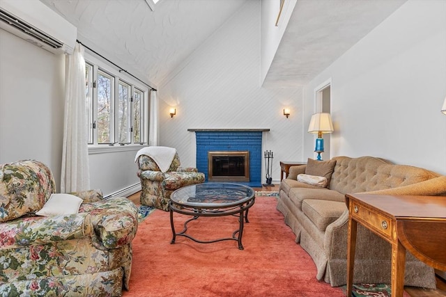 living area with a baseboard radiator, a fireplace, vaulted ceiling, and a wall mounted air conditioner