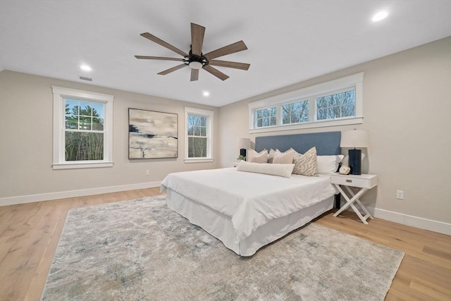 bedroom featuring wood-type flooring and ceiling fan