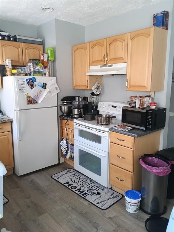 248 S Main St, Attleboro, MA 02703 - kitchen featuring white appliances, under cabinet range hood, dark wood finished floors, light brown cabinetry, and a textured ceiling