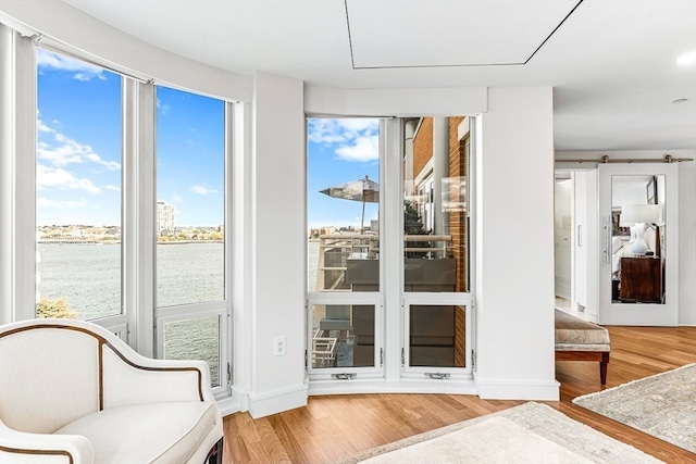 interior space with hardwood / wood-style flooring and a water view